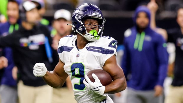 Seattle Seahawks running back Kenneth Walker III (9) rushes for a touchdown against the New Orleans Saints during the second half at Caesars Superdome.